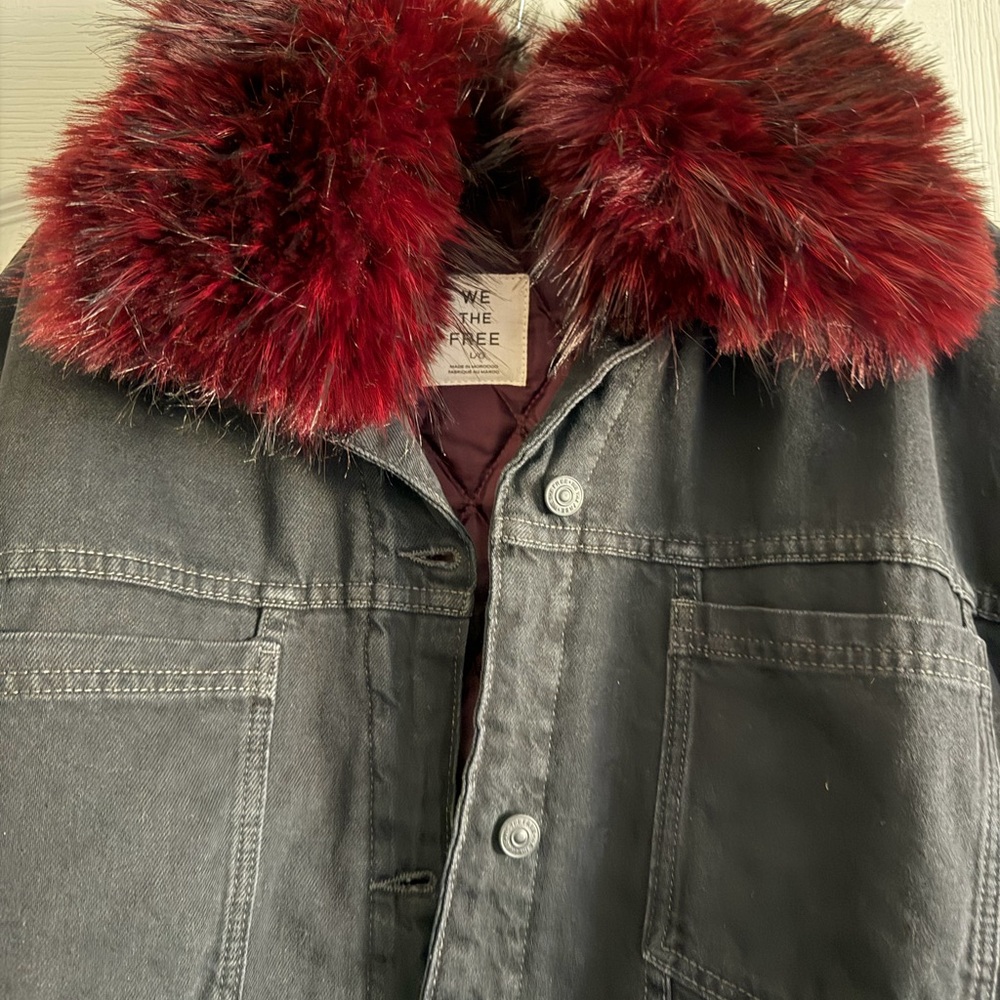 Free People Black Denim Jacket with Faux Fur Collar